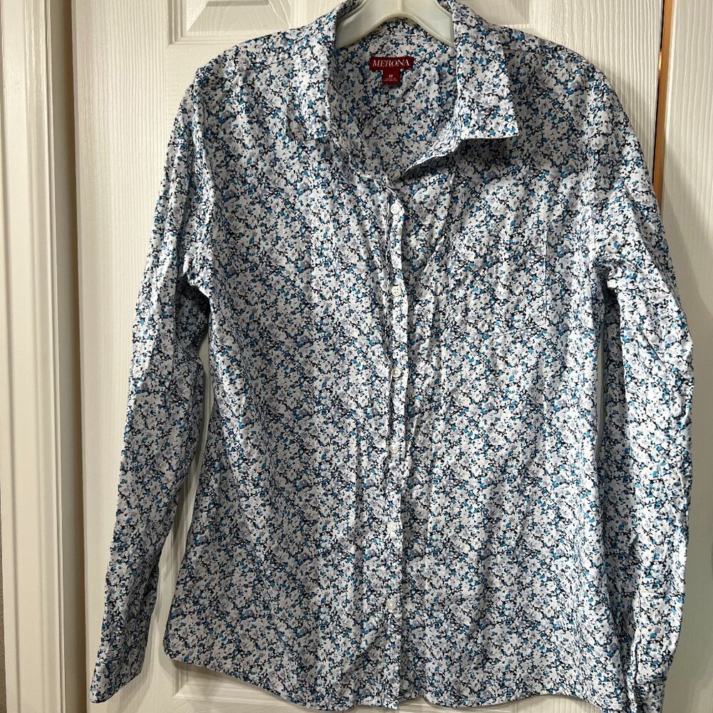 Merona Blue Summer Floral Blouse Wm M Lightweight Cotton Casual Cottagecore